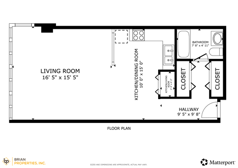 A floor plan for a living room, kitchen, and bathroom.